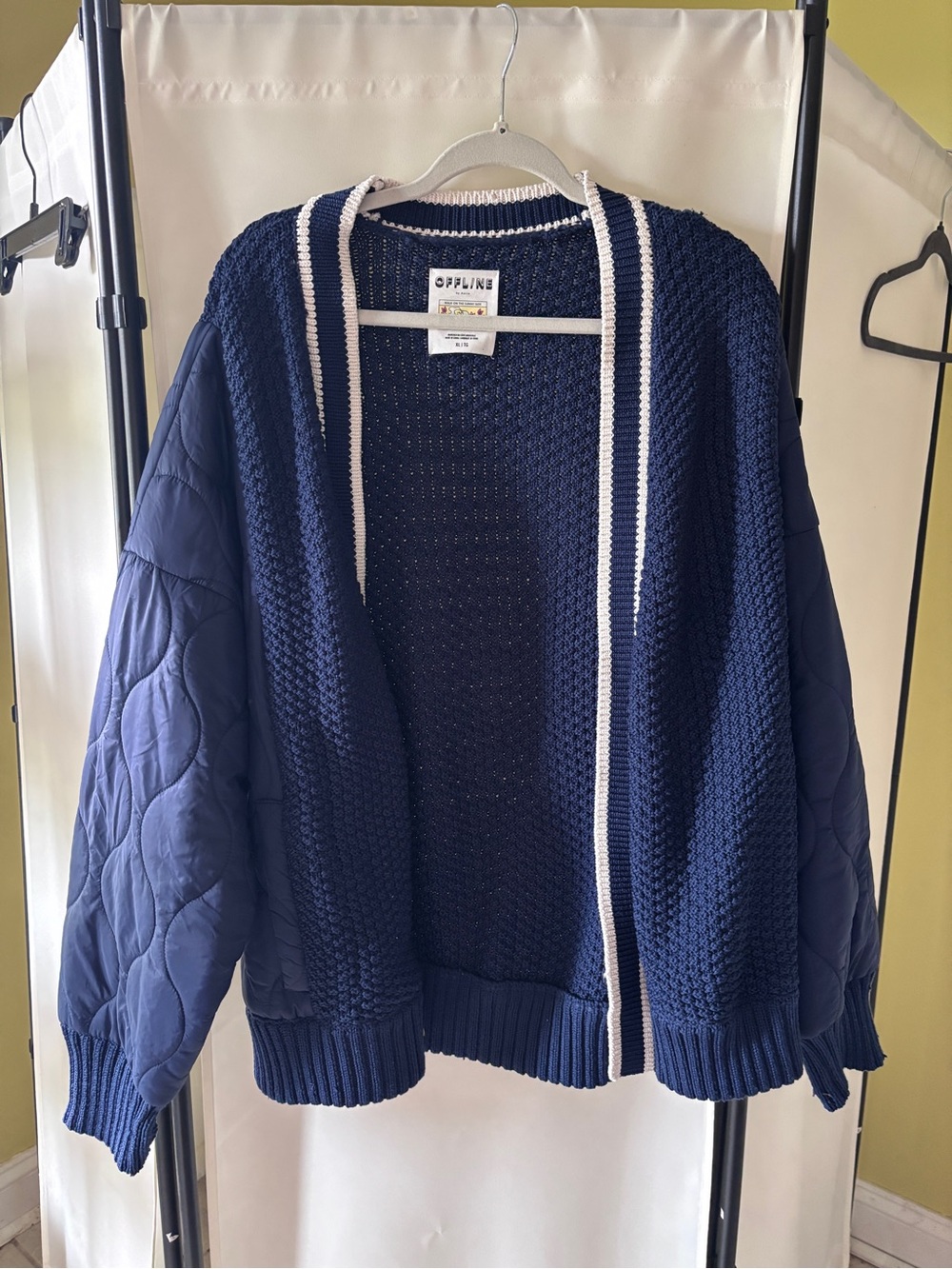 aerie Navy Knit Open Cardigan with White Trim and Puffer Sleeves